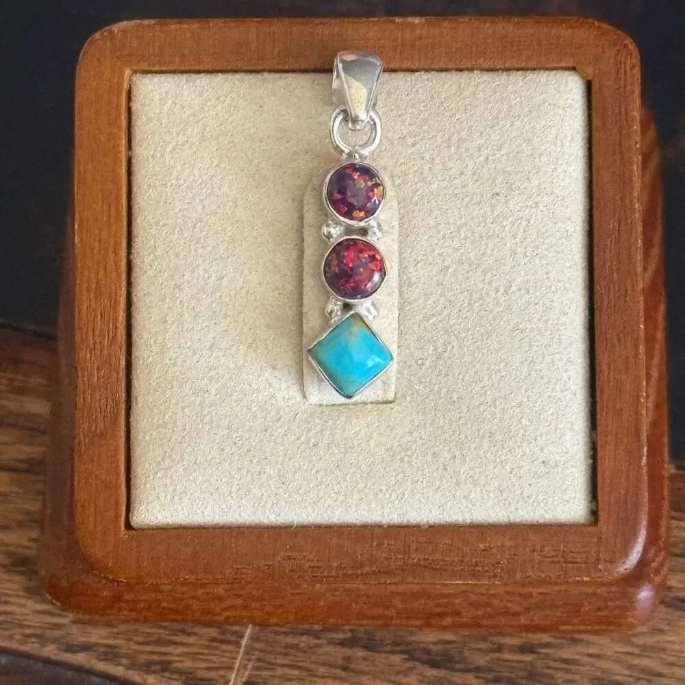 Southwestern Turquoise & Fire Opal Pendant Necklace Sterling Silver 18